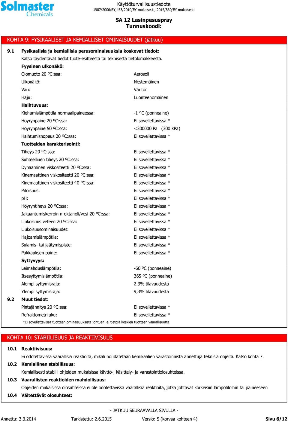 Fyysinen ulkonäkö: Olomuoto 20 ºC:ssa: Aerosoli Ulkonäkö: Nestemäinen Väri: Väritön Haju: Luonteenomainen Haihtuvuus: Kiehumislämpötila normaalipaineessa: -1 ºC (ponneaine) Höyrynpaine 20 ºC:ssa: *