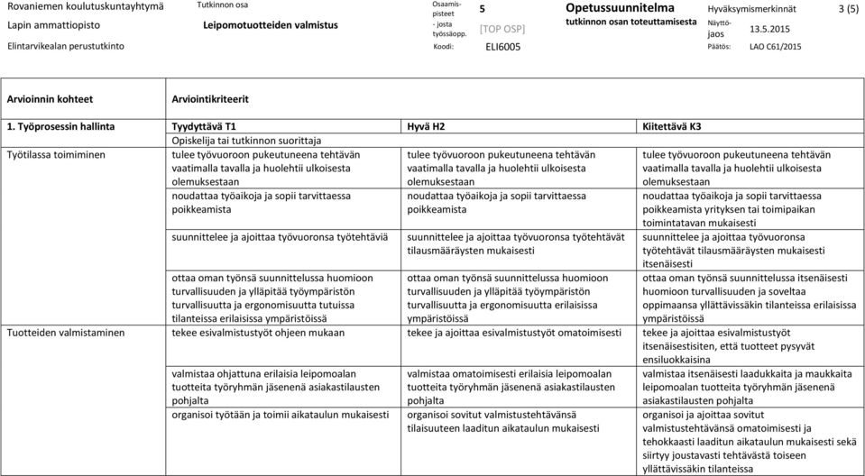ja ylläpitää työympäristön turvallisuutta ja ergonomisuutta tutuissa tilanteissa erilaisissa ympäristöissä poikkeamista suunnittelee ja ajoittaa työvuoronsa työtehtävät tilausmääräysten ottaa oman