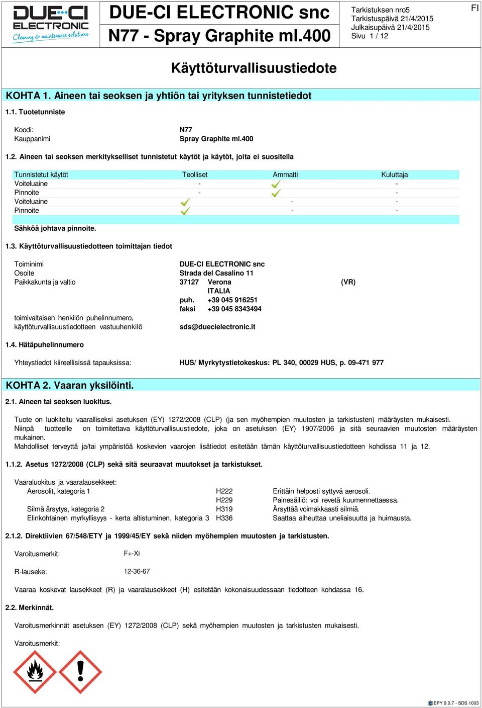 Altistumisen 1-10th Tila NOEdition Vakava ehkäiseminen TWA/8h silmävaurio, kategoria ja 1henkilönsuojaim. STEL/15min 10.4. IMDG: Välttävät H222 Eye Irrit. 2 KOHTA - Handling 1.