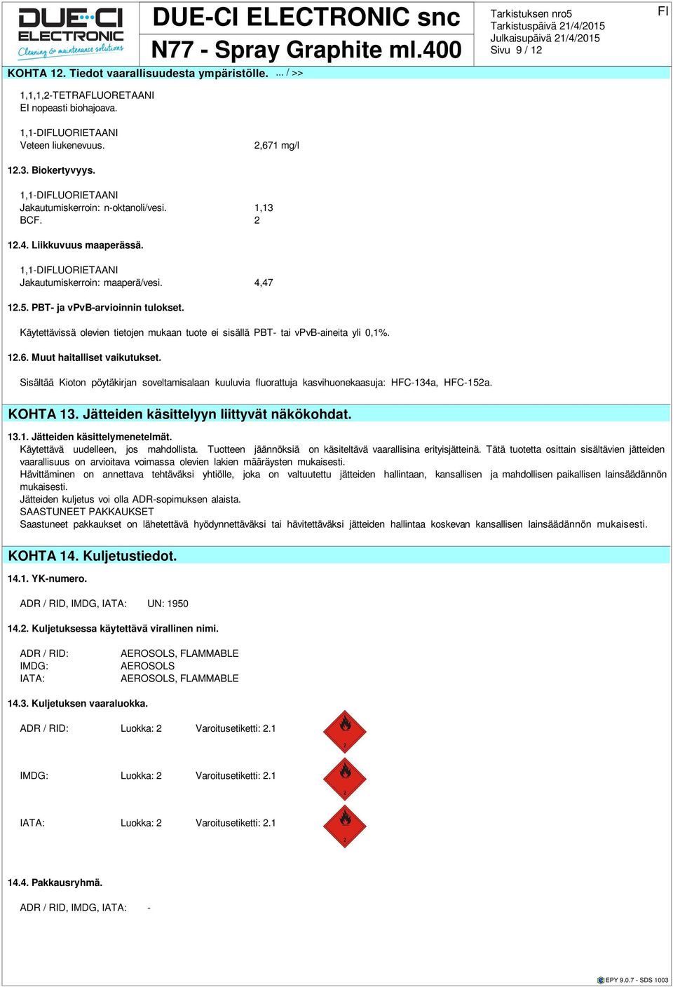 Muut haitallis vaikutuks. Sisältää Kioton pöytäkirjan soveltamisalaan kuuluvia fluorattuja kasvihuonekaasuja: HFC-134a, HFC-152a. KOHTA 13. Jätteiden käsittelyyn liittyvät näkökohdat. 13.1. Jätteiden käsittelymenelmät.