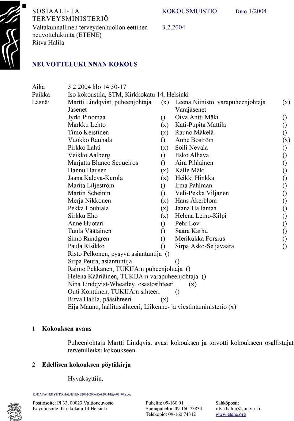 Markku Lehto (x) Kati-Pupita Mattila () Timo Keistinen (x) Rauno Mäkelä () Vuokko Rauhala () Anne Boström (x) Pirkko Lahti (x) Soili Nevala () Veikko Aalberg () Esko Alhava () Marjatta Blanco