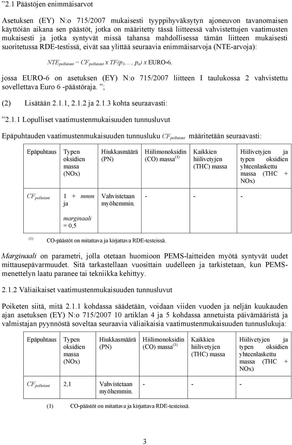 pollutant x TF(p 1,, p n ) x EURO-6, jossa EURO-6 on asetuksen (EY) N:o 715/2007 liitteen I taulukossa 2 vahvistettu sovellettava Euro 6 -päästöraja. ; (2) Lisätään 2.1.1, 2.1.2 ja 2.1.3 kohta seuraavasti: 2.