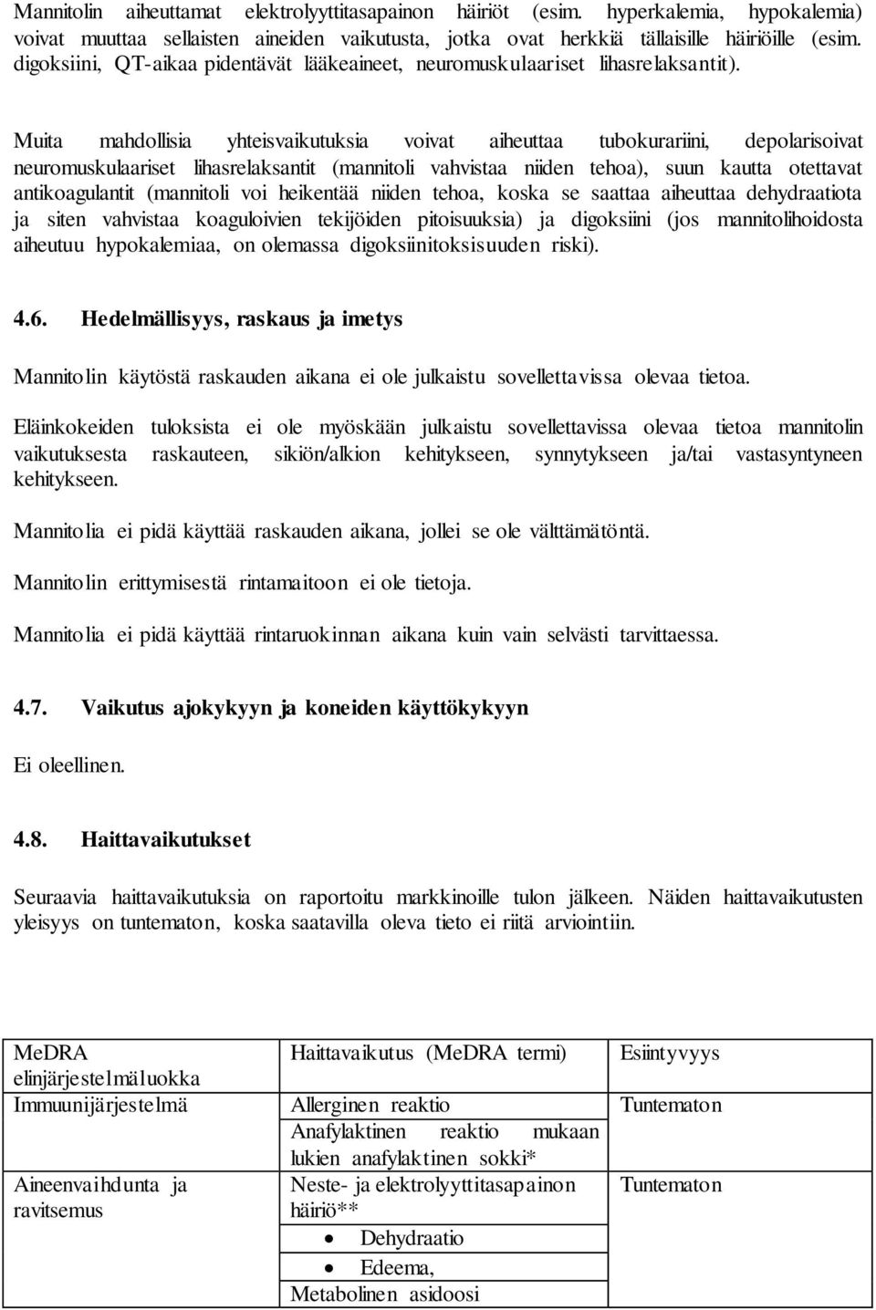 Muita mahdollisia yhteisvaikutuksia voivat aiheuttaa tubokurariini, depolarisoivat neuromuskulaariset lihasrelaksantit (mannitoli vahvistaa niiden tehoa), suun kautta otettavat antikoagulantit