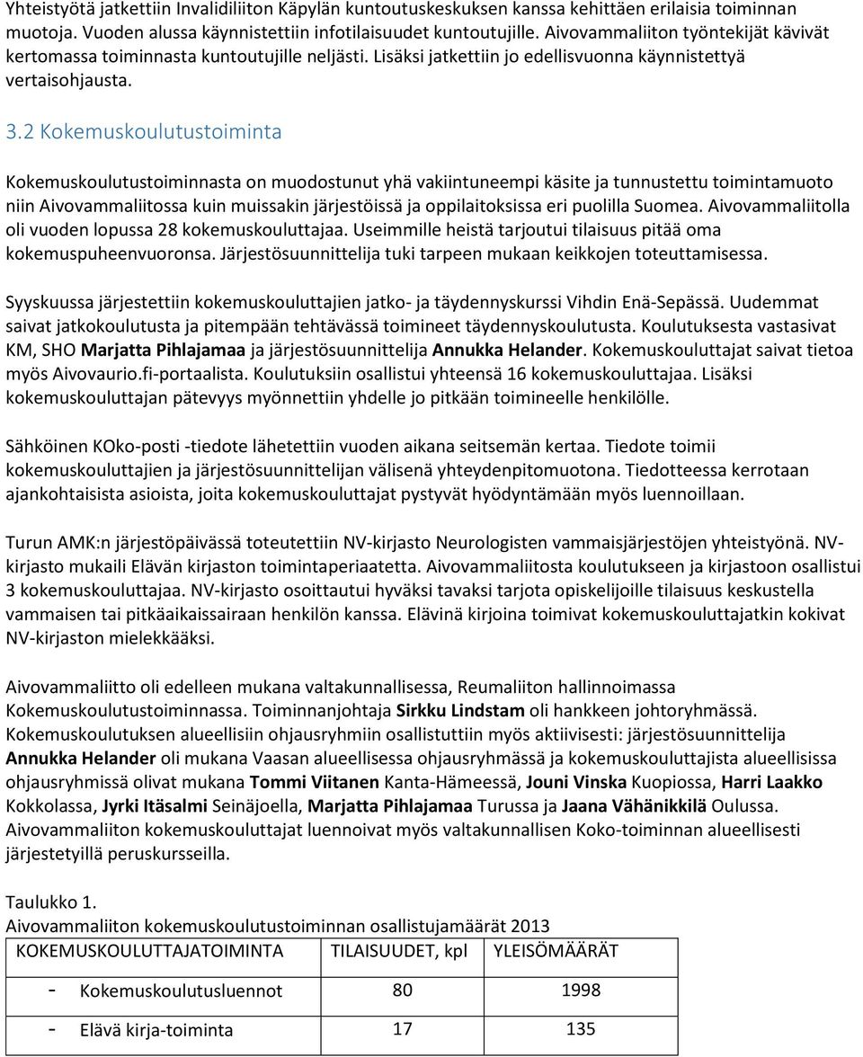 2 Kokemuskoulutustoiminta Kokemuskoulutustoiminnasta on muodostunut yhä vakiintuneempi käsite ja tunnustettu toimintamuoto niin Aivovammaliitossa kuin muissakin järjestöissä ja oppilaitoksissa eri