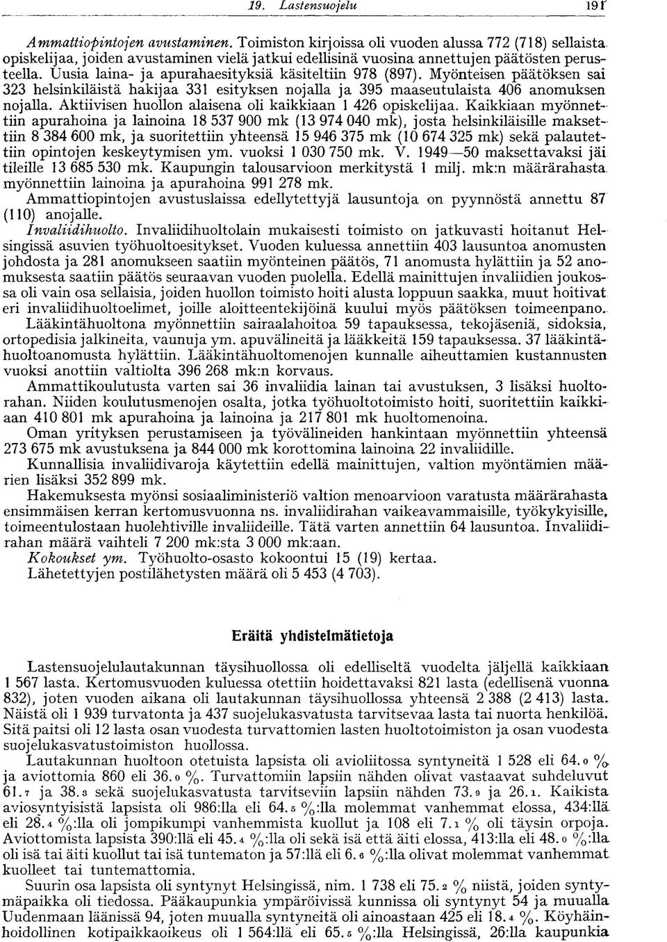 Uusia laina- ja apurahaesityksiä käsiteltiin 978 (897). Myönteisen päätöksen sai 33 helsinkiläistä hakijaa 33 esityksen nojalla ja 395 maaseutulaista 406 anomuksen nojalla.