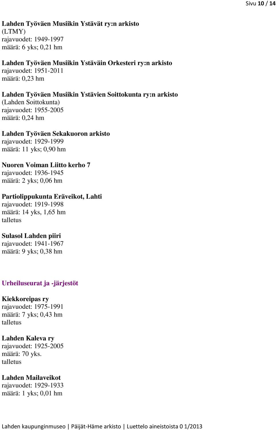 Nuoren Voiman Liitto kerho 7 rajavuodet: 1936-1945 määrä: 2 yks; 0,06 hm Partiolippukunta Eräveikot, Lahti rajavuodet: 1919-1998 määrä: 14 yks, 1,65 hm Sulasol Lahden piiri rajavuodet: 1941-1967