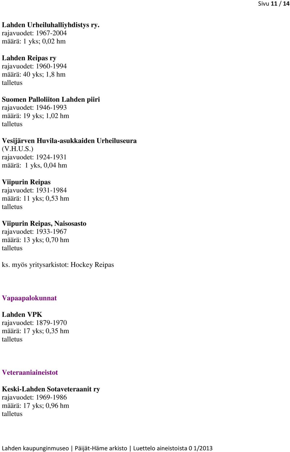 19 yks; 1,02 hm Vesijärven Huvila-asukkaiden Urheiluseura (V.H.U.S.