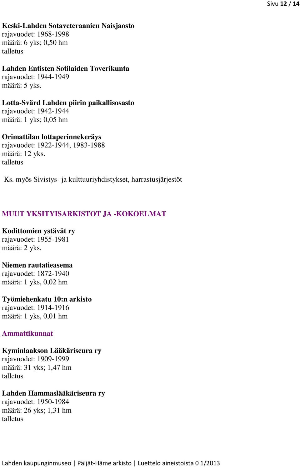 myös Sivistys- ja kulttuuriyhdistykset, harrastusjärjestöt MUUT YKSITYISARKISTOT JA -KOKOELMAT Kodittomien ystävät ry rajavuodet: 1955-1981 määrä: 2 yks.