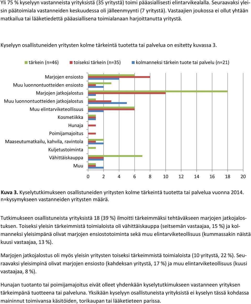 Kyselyyn osallistuneiden yritysten kolme tärkeintä tuotetta tai palvelua on esitetty kuvassa 3.