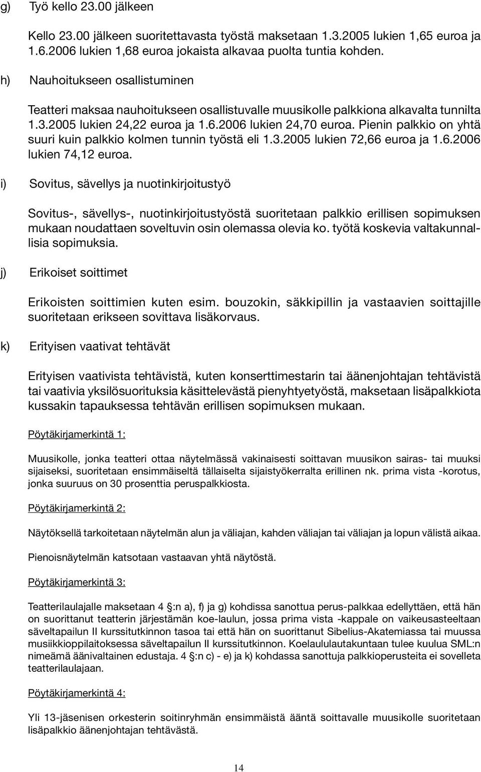 Pienin palkkio on yhtä suuri kuin palkkio kolmen tunnin työstä eli 1.3.2005 lukien 72,66 euroa ja 1.6.2006 lukien 74,12 euroa.