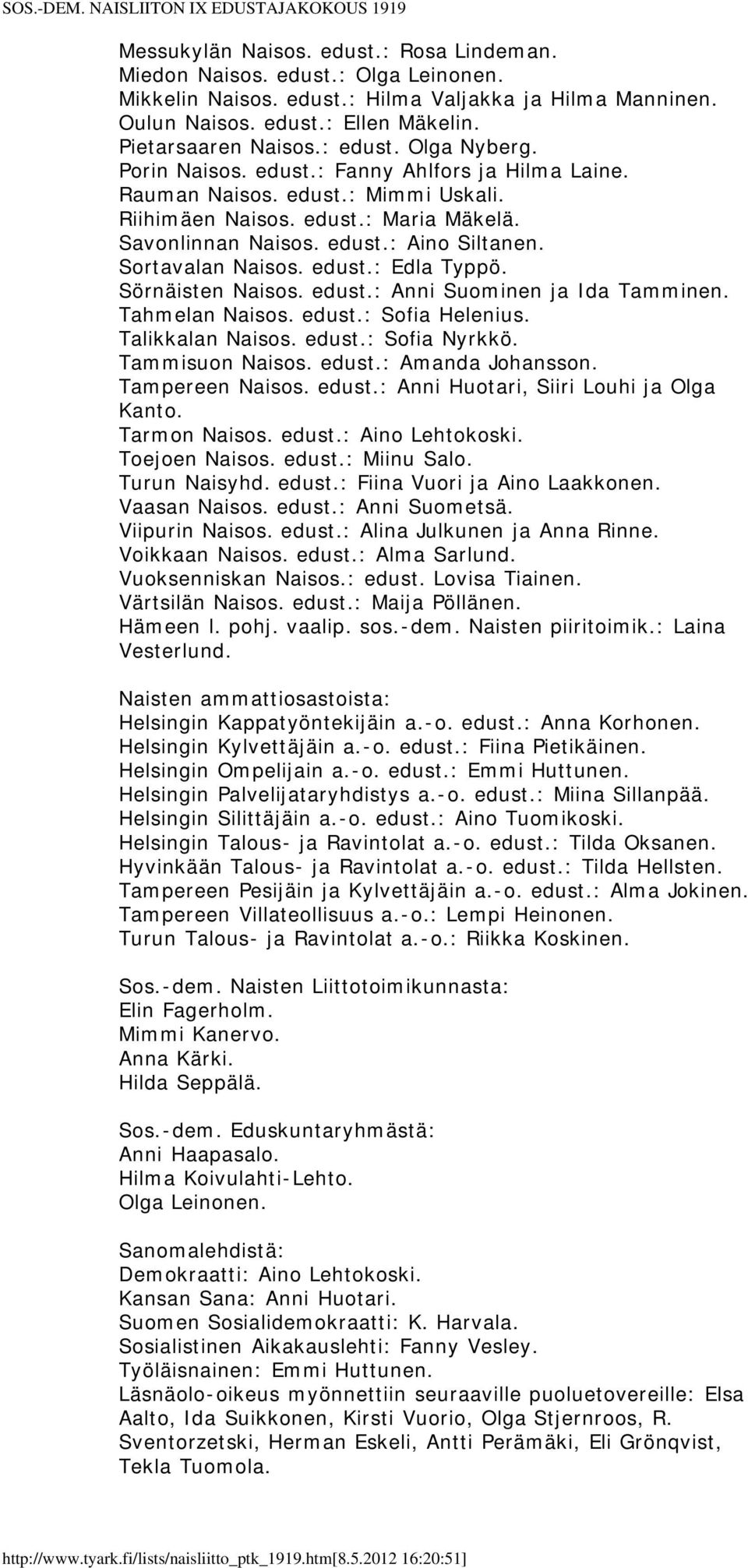 Sortavalan Naisos. edust.: Edla Typpö. Sörnäisten Naisos. edust.: Anni Suominen ja Ida Tamminen. Tahmelan Naisos. edust.: Sofia Helenius. Talikkalan Naisos. edust.: Sofia Nyrkkö. Tammisuon Naisos.