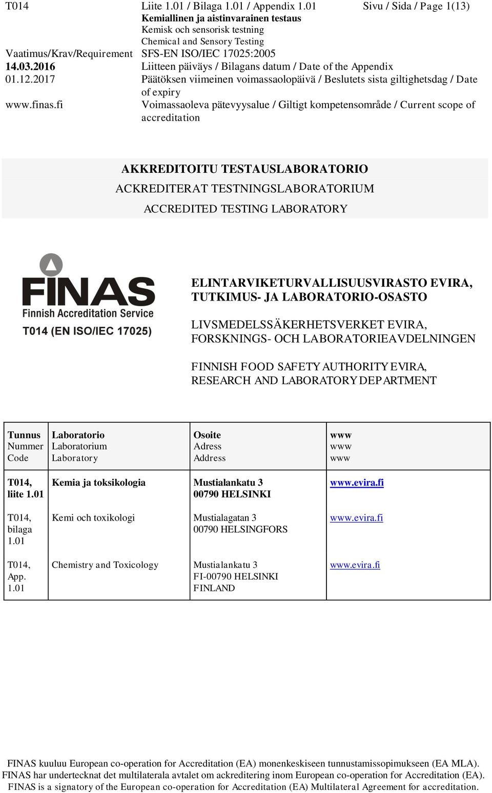 LIVSMEDELSSÄKERHETSVERKET EVIRA, FORSKNINGS- OCH LABORATORIEAVDELNINGEN FINNISH FOOD SAFETY AUTHORITY EVIRA, RESEARCH AND LABORATORY DEPARTMENT Tunnus Nummer Code Laboratorio Laboratorium Laboratory