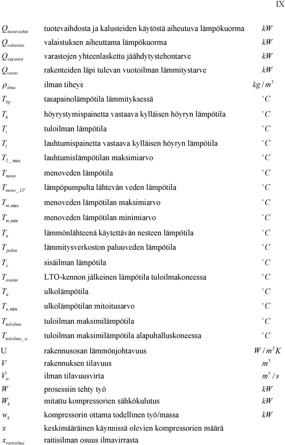 lämpötila C Tl lauhtumispainetta vastaava kylläisen höyryn lämpötila C TL _ max lauhtumislämpötilan maksimiarvo C Tmeno menoveden lämpötila C T _ lämpöpumpulta lähtevän veden lämpötila C meno LP