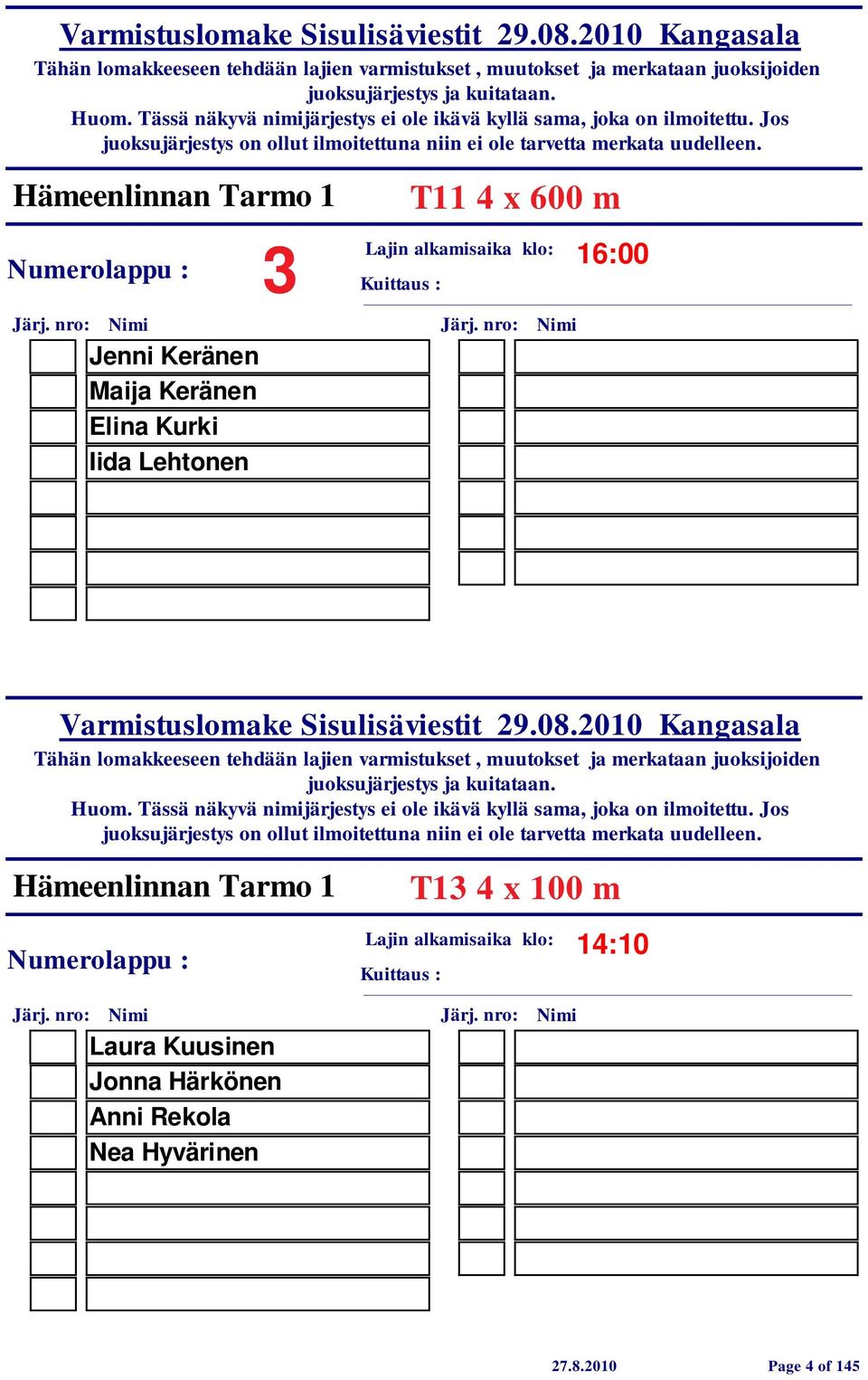 Tarmo 1 T13 4 x 100 m 14:10 Laura Kuusinen Jonna