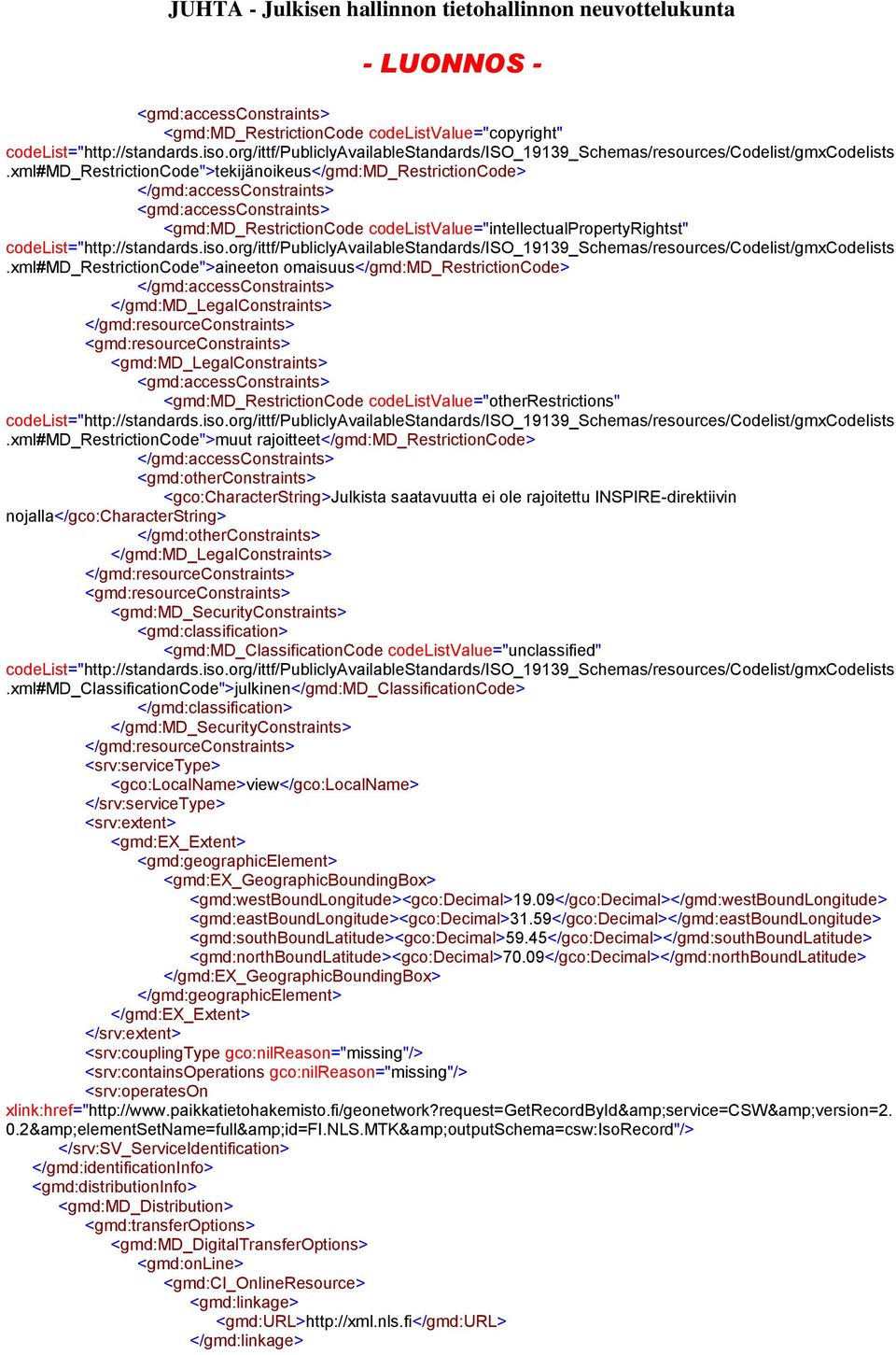xml#md_restrictioncode">muut rajoitteet</gmd:md_restrictioncode> <gmd:otherconstraints> <gco:characterstring>julkista saatavuutta ei ole rajoitettu INSPIRE-direktiivin nojalla</gco:characterstring>