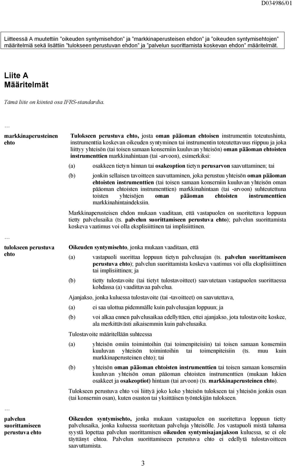 markkinaperusteinen ehto tulokseen perustuva ehto palvelun suorittamiseen perustuva ehto Tulokseen perustuva ehto, josta oman pääoman ehtoisen instrumentin toteutushinta, instrumenttia koskevan