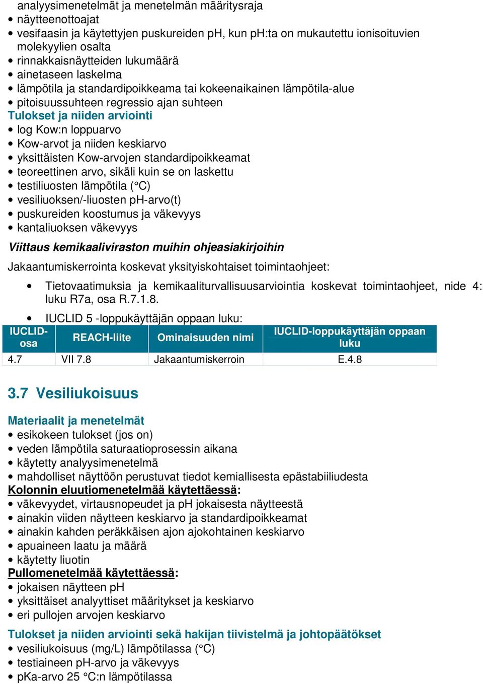 Kow-arvojen standardipoikkeamat teoreettinen arvo, sikäli kuin se on laskettu testiliuosten lämpötila ( C) vesiliuoksen/-liuosten ph-arvo(t) puskureiden koostumus ja väkevyys kantaliuoksen väkevyys