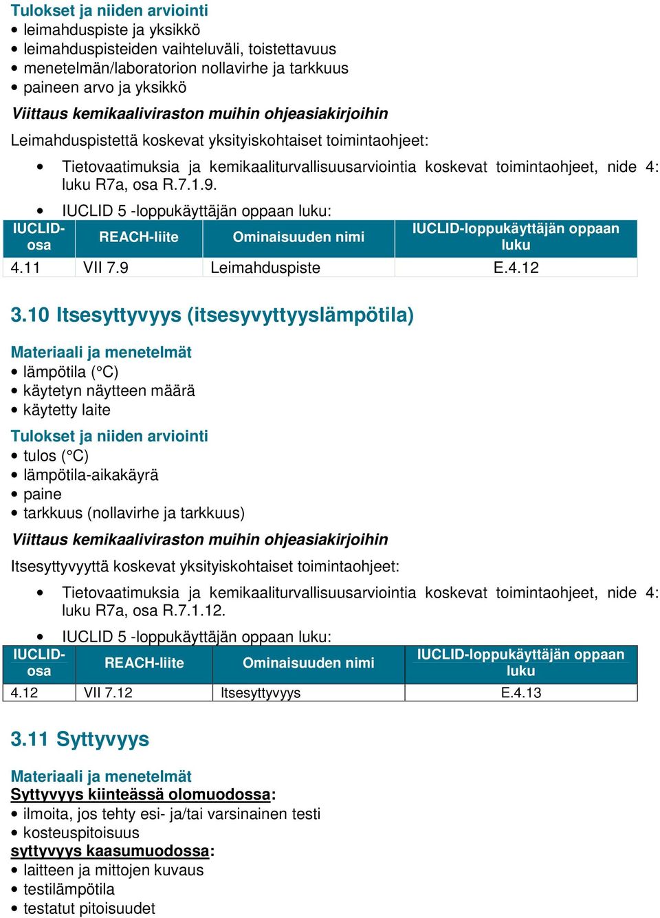 IUCLID-loppukäyttäjän oppaan luku 4.11 VII 7.9 Leimahduspiste E.4.12 3.