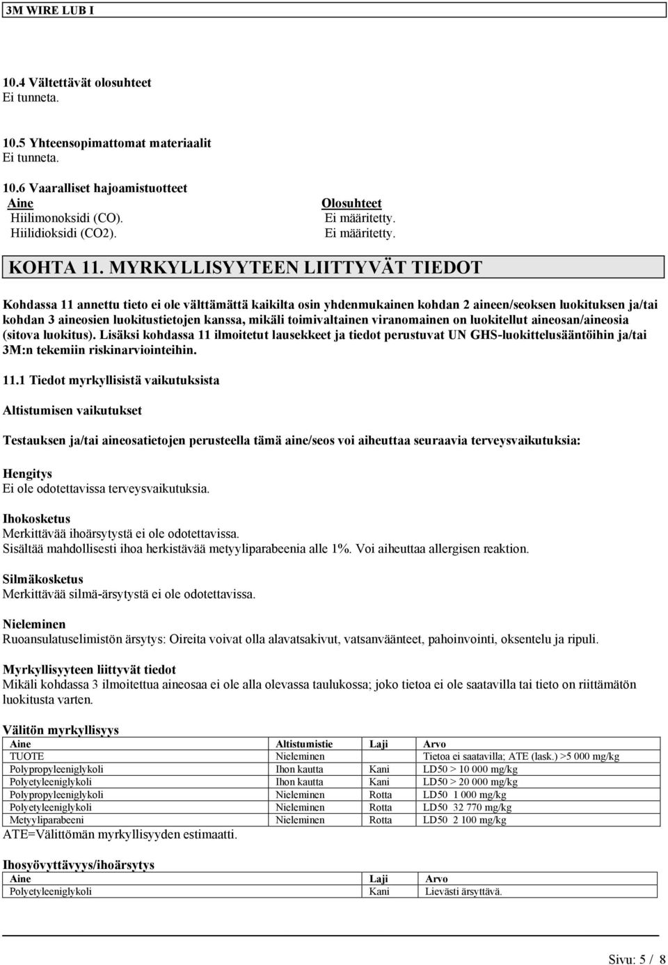 MYRKYLLISYYTEEN LIITTYVÄT TIEDOT Kohdassa 11 annettu tieto ei ole välttämättä kaikilta osin yhdenmukainen kohdan 2 aineen/seoksen luokituksen ja/tai kohdan 3 aineosien luokitustietojen kanssa, mikäli