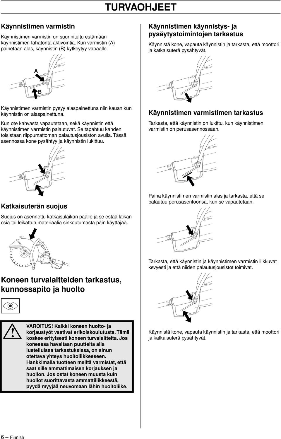 A B Käynnistimen varmistin pysyy alaspainettuna niin kauan kun käynnistin on alaspainettuna. Kun ote kahvasta vapautetaan, sekä käynnistin että käynnistimen varmistin palautuvat.