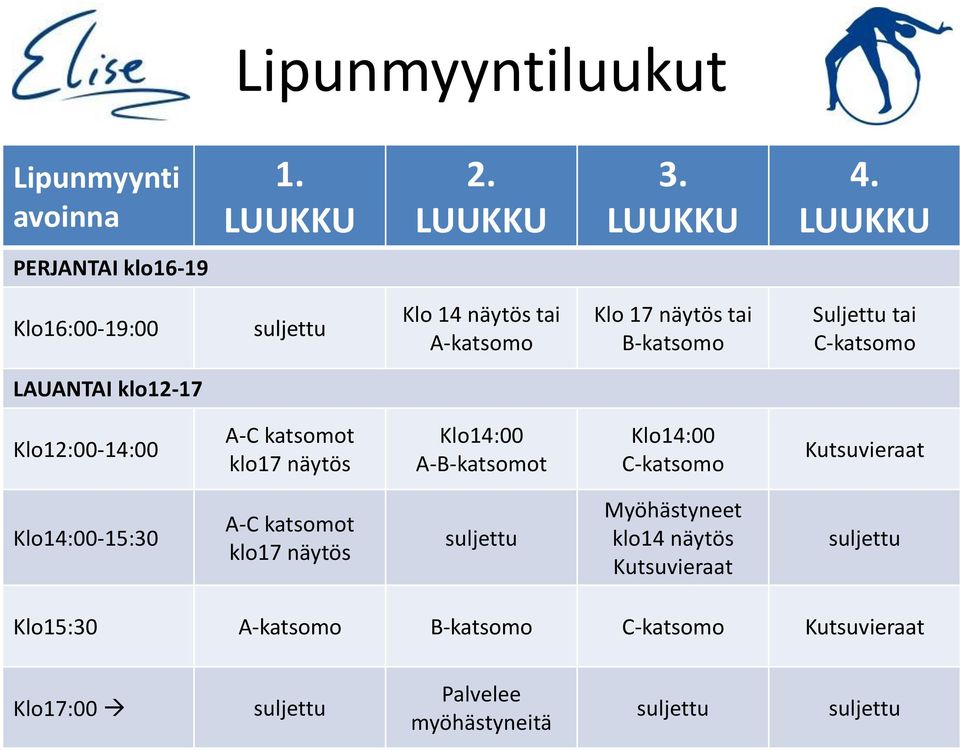 LAANTAI klo12-17 Klo12:00-14:00 A-C katsomot klo17 näytös Klo14:00 A-B-katsomot Klo14:00 C-katsomo Kutsuvieraat Klo14:00-15:30