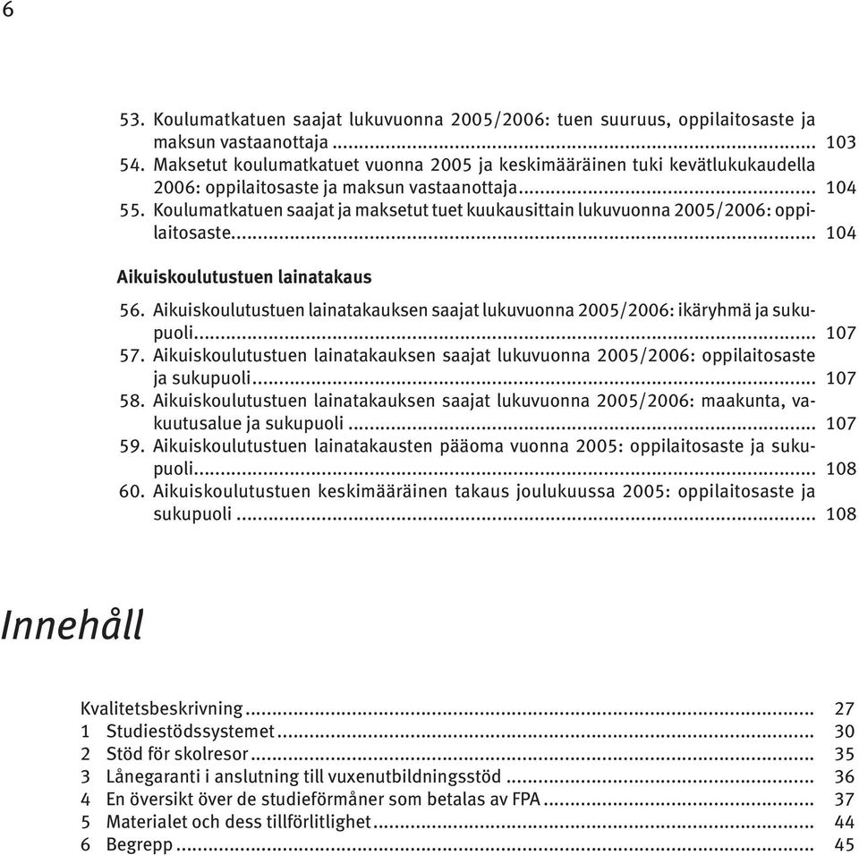 Koulumatkatuen saajat ja maksetut tuet kuukausittain lukuvuonna 2005/2006: oppilaitosaste... 104 Aikuiskoulutustuen lainatakaus 56.