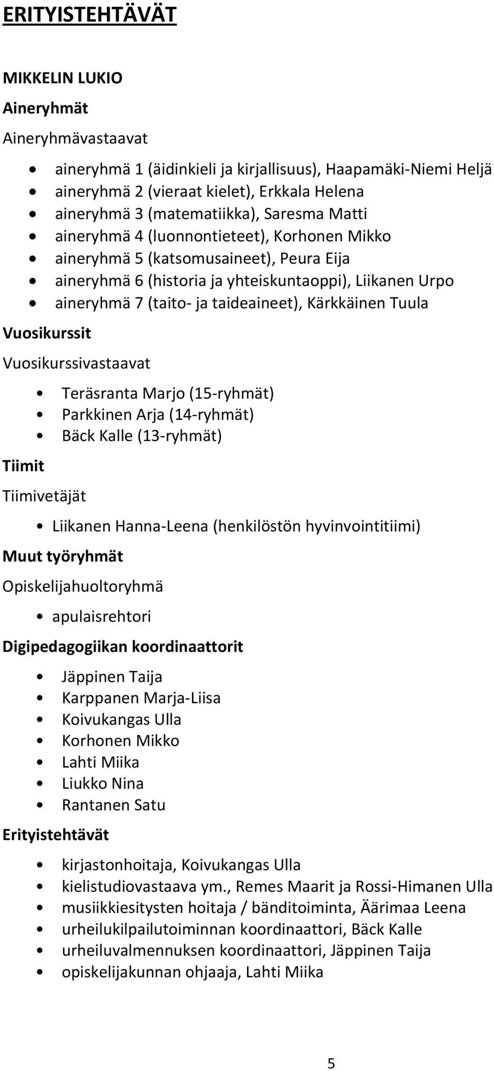 Kärkkäinen Tuula Vuosikurssit Vuosikurssivastaavat Teräsranta Marjo (15 ryhmät) Parkkinen Arja (14 ryhmät) Bäck Kalle (13 ryhmät) Tiimit Tiimivetäjät Liikanen Hanna Leena (henkilöstön