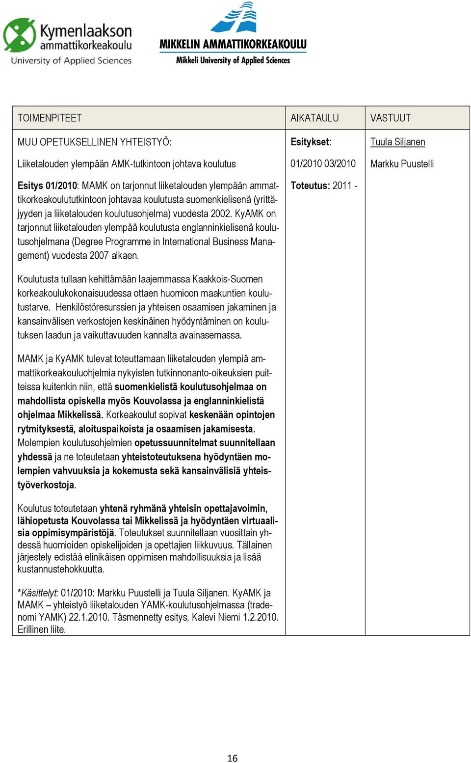 KyAMK on tarjonnut liiketalouden ylempää koulutusta englanninkielisenä koulutusohjelmana (Degree Programme in International Business Management) vuodesta 2007 alkaen.