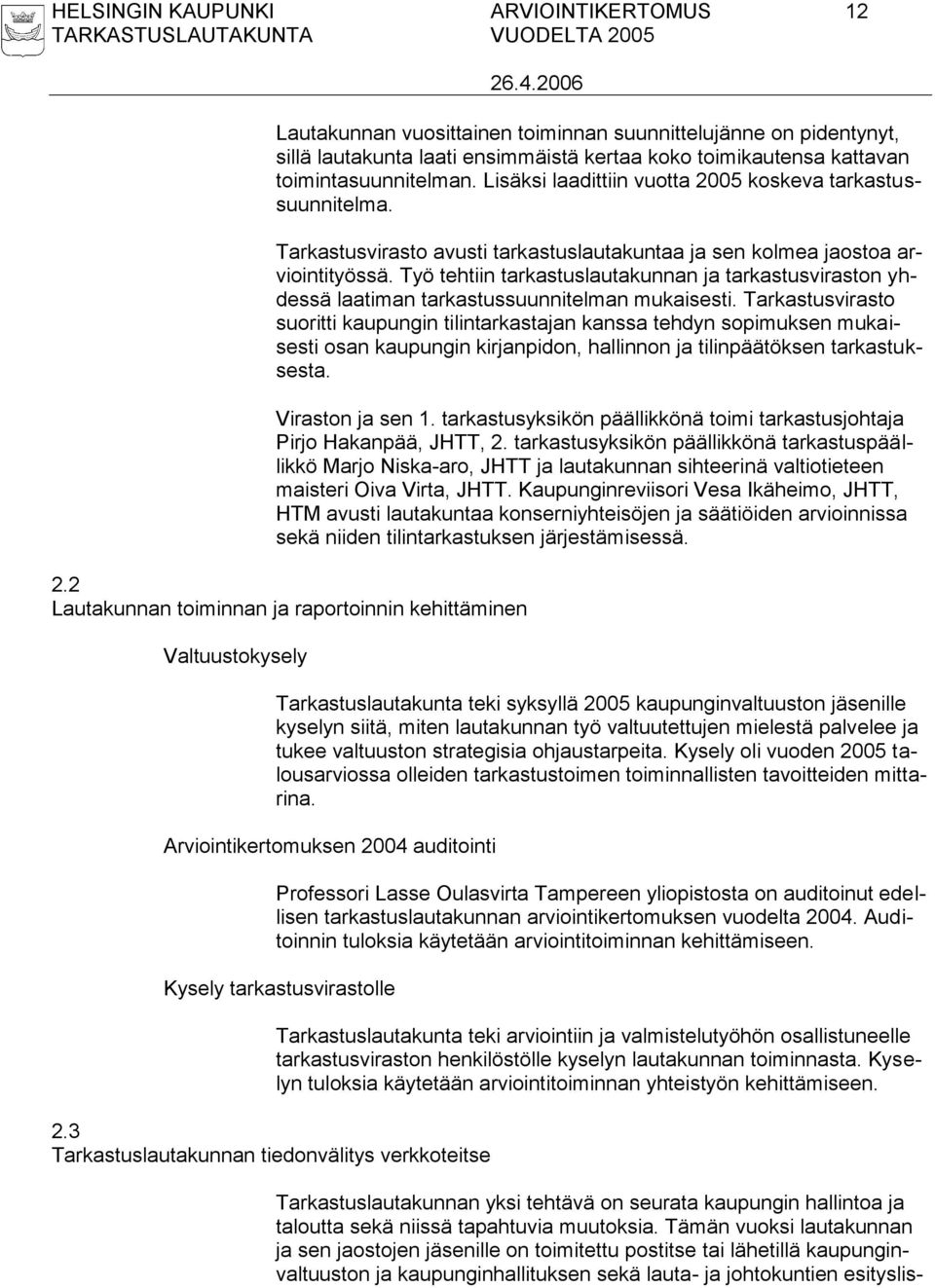 Työ tehtiin tarkastuslautakunnan ja tarkastusviraston yhdessä laatiman tarkastussuunnitelman mukaisesti.