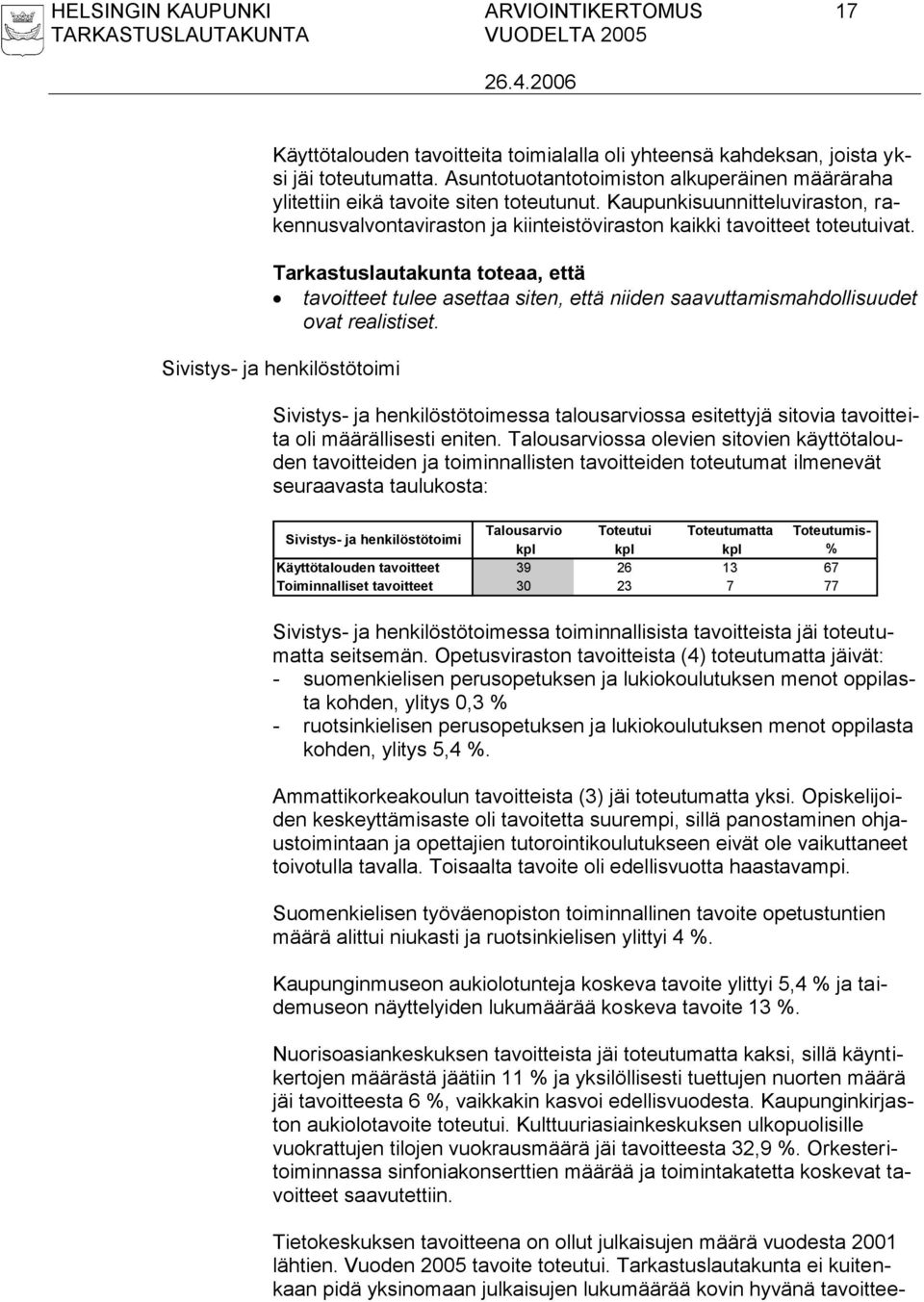 Tarkastuslautakunta toteaa, että tavoitteet tulee asettaa siten, että niiden saavuttamismahdollisuudet ovat realistiset.