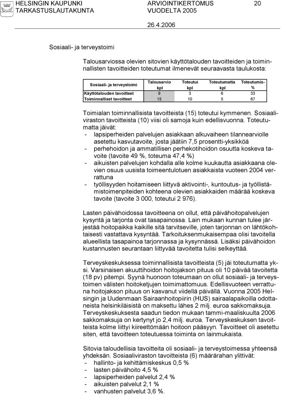 tavoitteista (15) toteutui kymmenen. Sosiaaliviraston tavoitteista (10) viisi oli samoja kuin edellisvuonna.