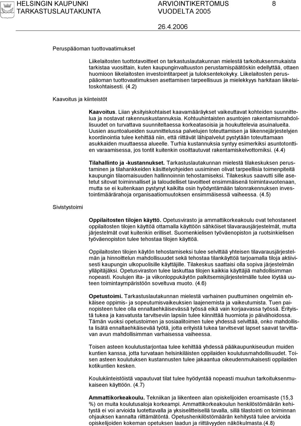 Liikelaitosten peruspääoman tuottovaatimuksen asettamisen tarpeellisuus ja mielekkyys harkitaan liikelaitoskohtaisesti. (4.2) Kaavoitus.