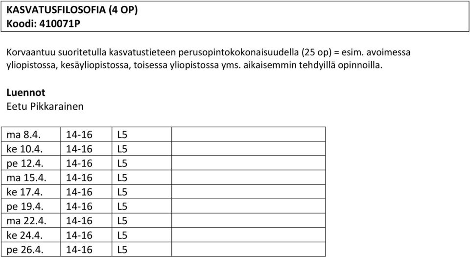 avoimessa yliopistossa, kesäyliopistossa, toisessa yliopistossa yms. aikaisemmin tehdyillä opinnoilla.