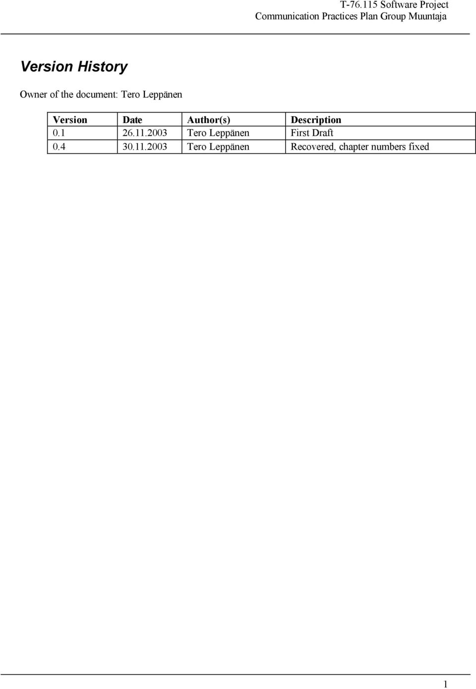 1 26.11.2003 Tero Leppänen First Draft 0.4 30.