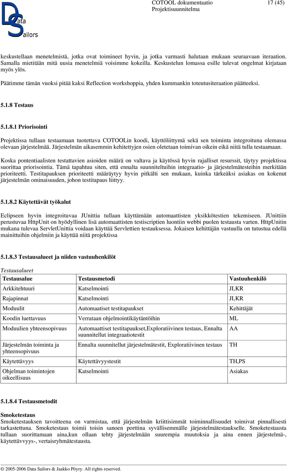 Testaus 5.1.8.1 Priorisointi Projektissa tullaan testaamaan tuotettava COTOOLin koodi, käyttöliittymä sekä sen toiminta integroituna olemassa olevaan järjestelmää.