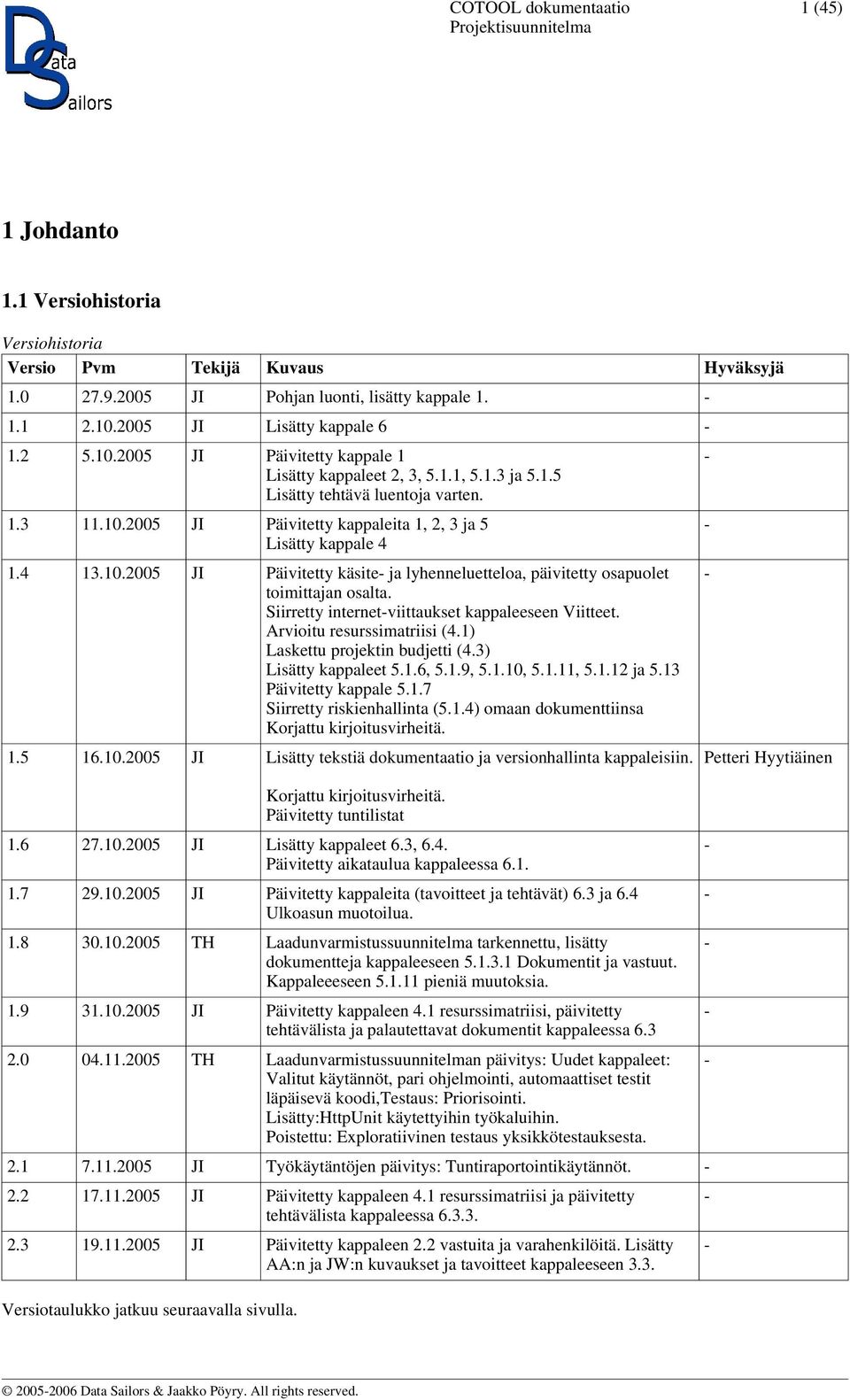 4 13.10.2005 JI Päivitetty käsite- ja lyhenneluetteloa, päivitetty osapuolet toimittajan osalta. Siirretty internet-viittaukset kappaleeseen Viitteet. Arvioitu resurssimatriisi (4.