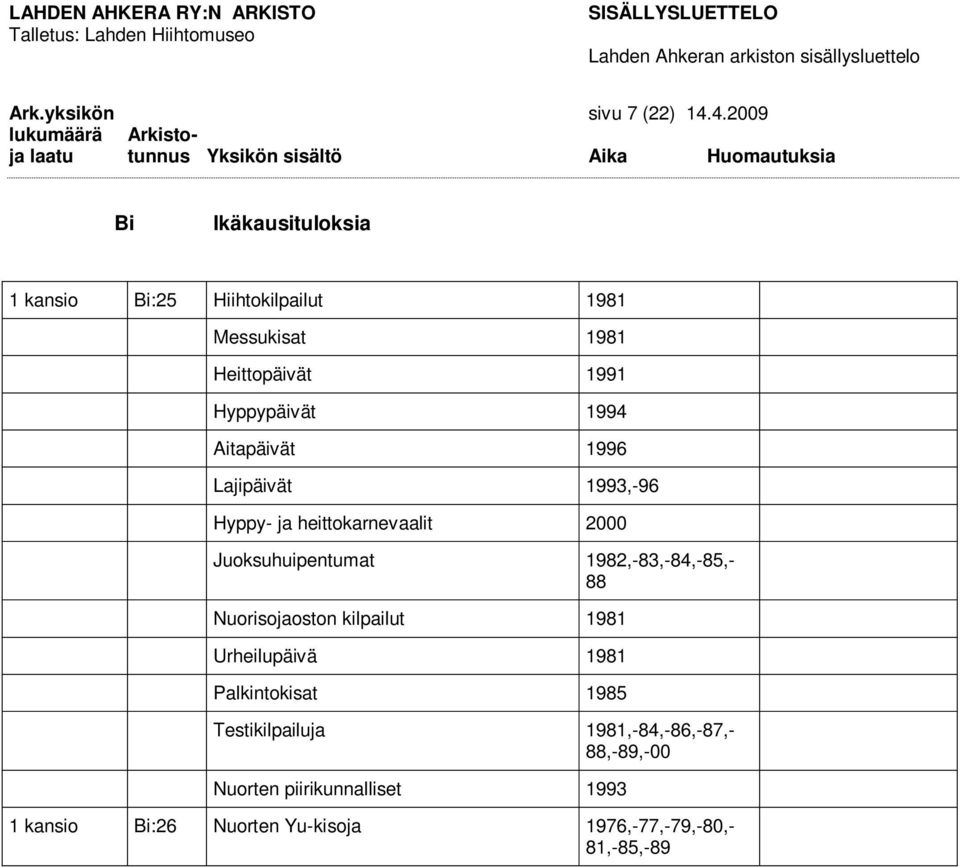 Aitapäivät 1996 Lajipäivät 1993,-96 Hyppy- ja heittokarnevaalit 2000 Juoksuhuipentumat 1982,-83,-84,-85,- 88