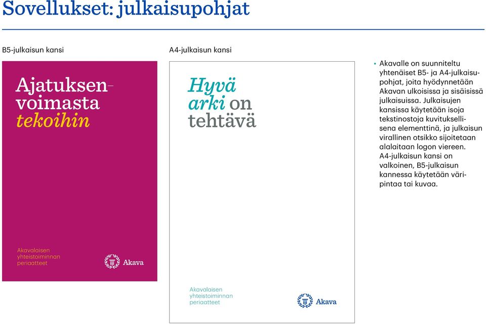 Julkaisujen kansissa käytetään isoja teksti nostoja kuvituksellisena elementtinä, ja julkaisun virallinen otsikko sijoitetaan