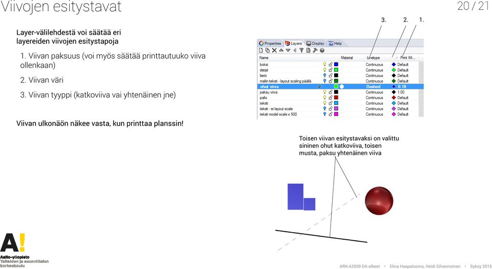 Viivan paksuus (voi myös säätää printtautuuko viiva ollenkaan) 2. Viivan väri 3.