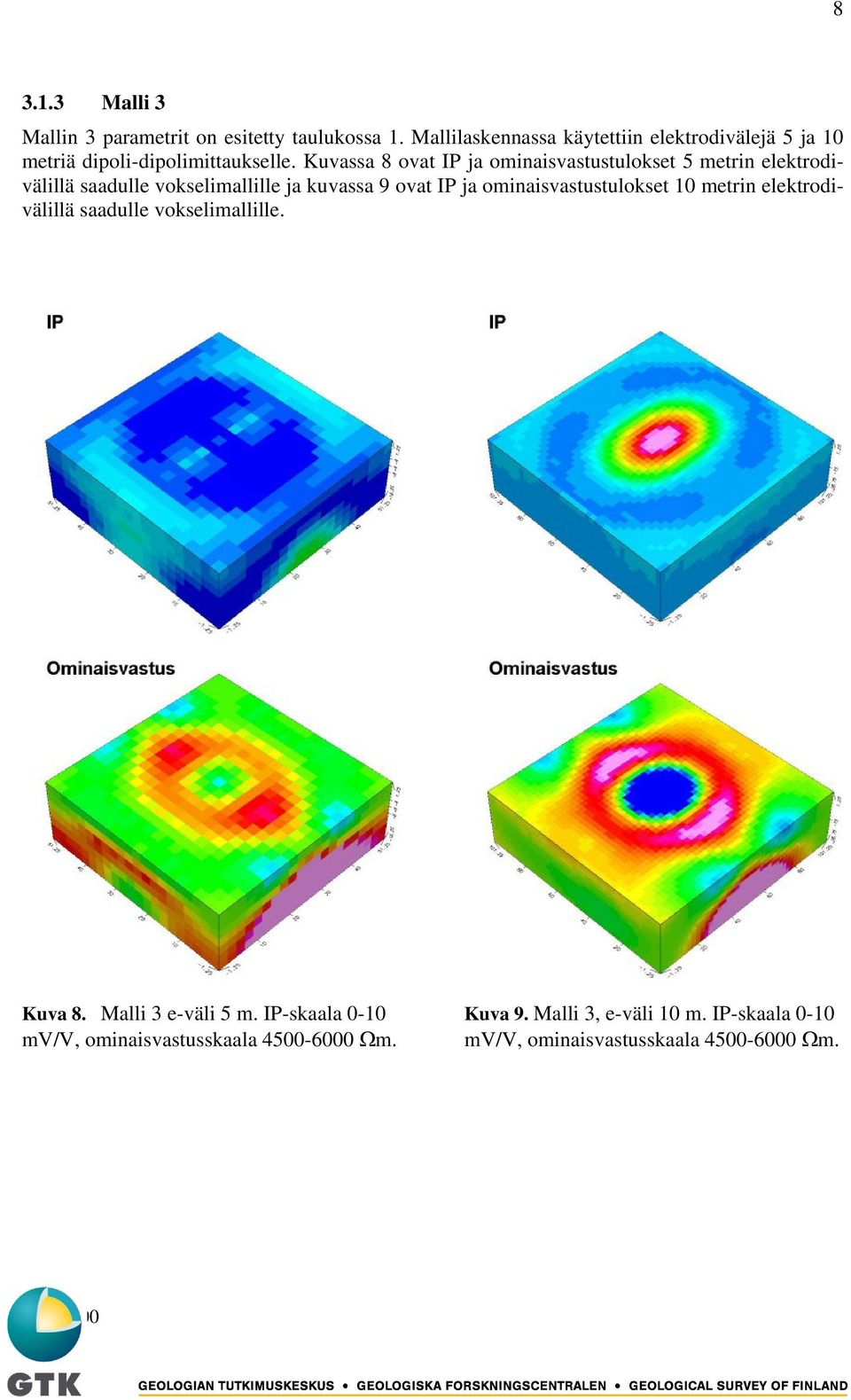 Kuvassa 8 ovat IP ja ominaisvastustulokset 5 metrin elektrodivälillä saadulle vokselimallille ja kuvassa 9 ovat IP ja