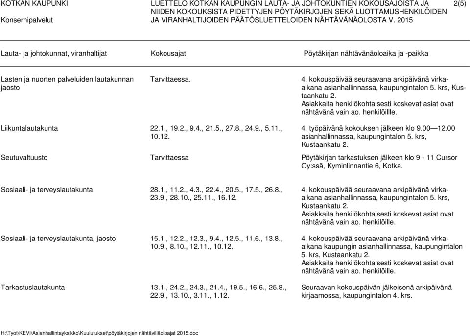 00 Seutuvaltuusto Tarvittaessa Pöytäkirjan tarkastuksen jälkeen klo 9-11 Cursor Oy:ssä, Kyminlinnantie 6, Kotka. Sosiaali- ja terveyslautakunta 28.1., 11.2., 4.3., 22.4., 20.5., 17.5., 26.8., 23.9., 28.