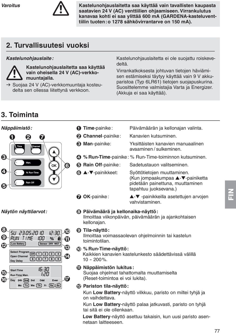 Turvallisuutesi vuoksi Kastelunohjauslaite: Kastelunohjauslaitetta saa käyttää vain oheisella 24 V (AC)-verkkomuuntajalla.