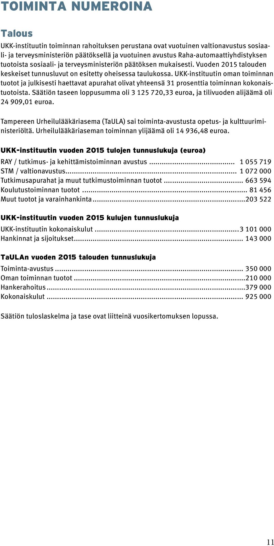 UKK-instituutin oman toiminnan tuotot ja julkisesti haettavat apurahat olivat yhteensä 31 prosenttia toiminnan kokonaistuotoista.