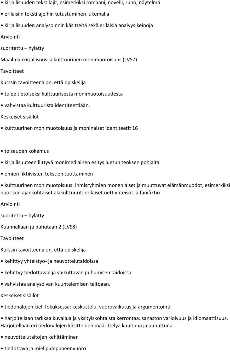 kulttuurinen monimuotoisuus ja moninaiset identiteetit 16 toiseuden kokemus kirjallisuuteen liittyvä monimediainen esitys luetun teoksen pohjalta omien fiktiivisten tekstien tuottaminen kulttuurinen