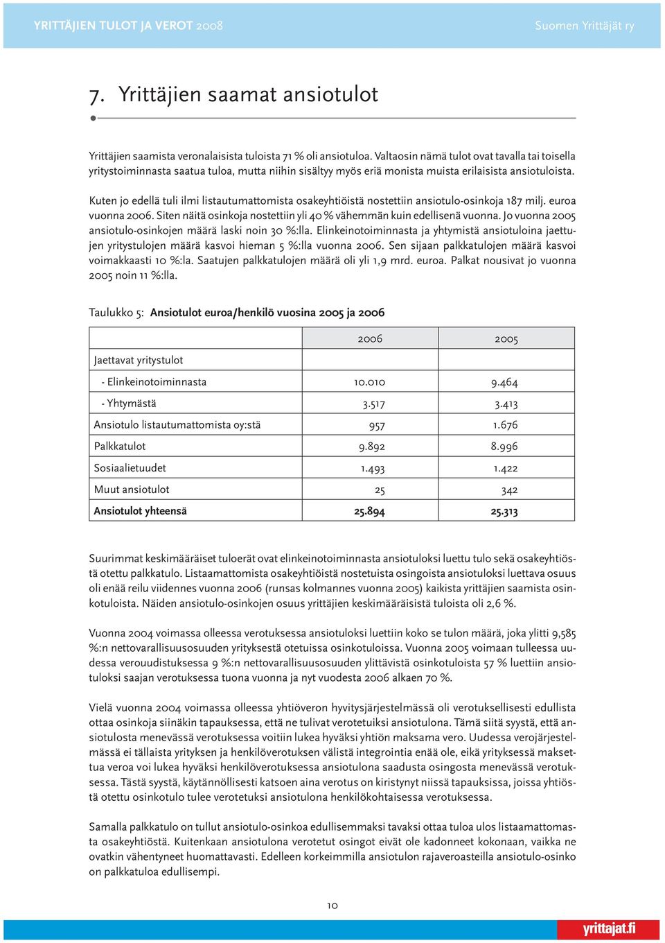 Kuten jo edellä tuli ilmi listautumattomista osakeyhtiöistä nostettiin ansiotulo-osinkoja 187 milj. euroa vuonna 2006. Siten näitä osinkoja nostettiin yli 40 % vähemmän kuin edellisenä vuonna.