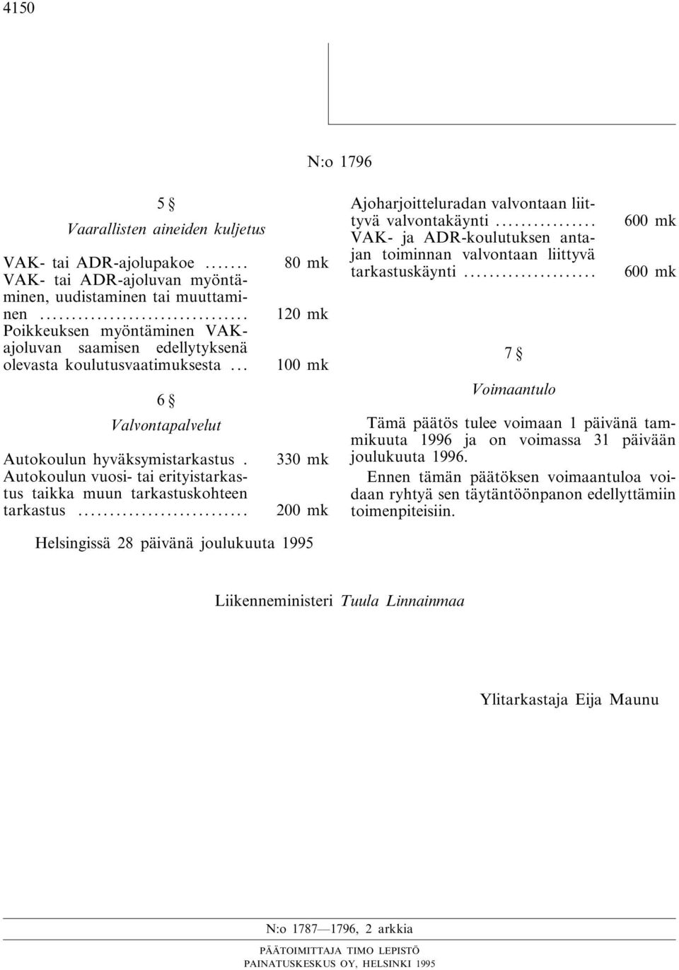 330 mk Autokoulun vuosi- tai erityistarkastus taikka muun tarkastuskohteen tarkastus... 200 mk Ajoharjoitteluradan valvontaan liittyvä valvontakäynti.