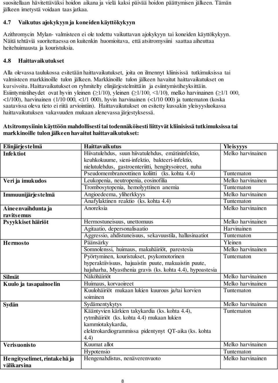 Näitä tehtäviä suoritettaessa on kuitenkin huomioitava, että atsitromysiini saattaa aiheuttaa heitehuimausta ja kouristuksia. 4.