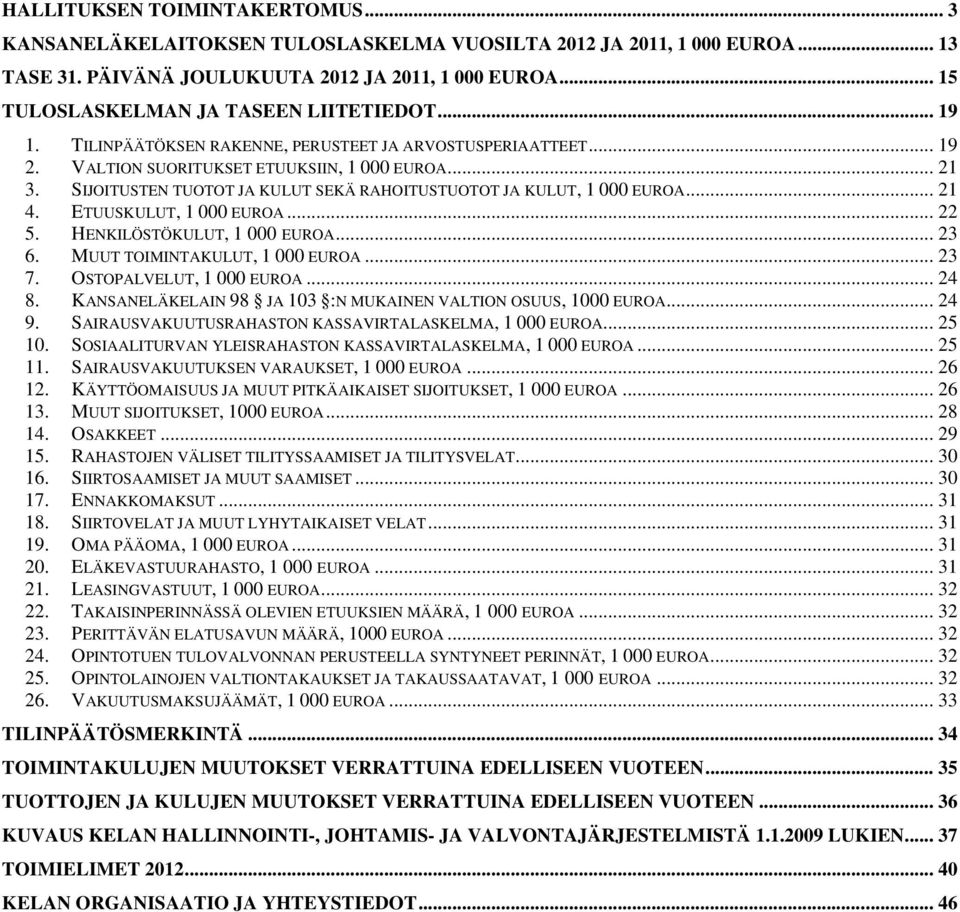 SIJOITUSTEN TUOTOT JA KULUT SEKÄ RAHOITUSTUOTOT JA KULUT, 1 000 EUROA... 21 4. ETUUSKULUT, 1 000 EUROA... 22 5. HENKILÖSTÖKULUT, 1 000 EUROA... 23 6. MUUT TOIMINTAKULUT, 1 000 EUROA... 23 7.