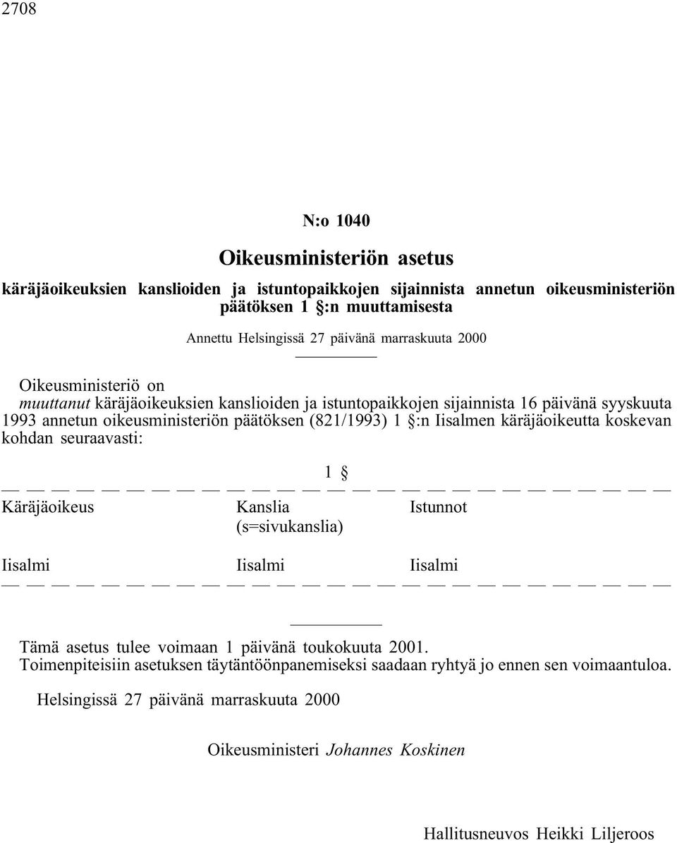 Iisalmen käräjäoikeutta koskevan kohdan seuraavasti: 1 Käräjäoikeus Kanslia Istunnot (s=sivukanslia) Iisalmi Iisalmi Iisalmi Tämä asetus tulee voimaan 1 päivänä toukokuuta 2001.
