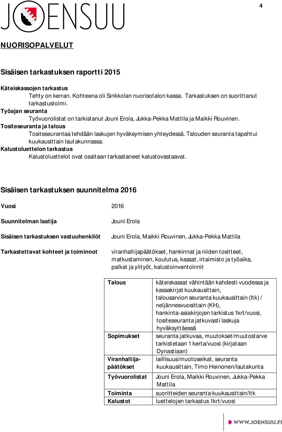 Tarkastettavat kohteet ja toiminnot Jouni Erola Jouni Erola, Maikki Rouvinen, Jukka-Pekka Mattila viranhaltijapäätökset, hankinnat ja niiden tositteet, matkustaminen, koulutus, kassat, irtaimisto ja